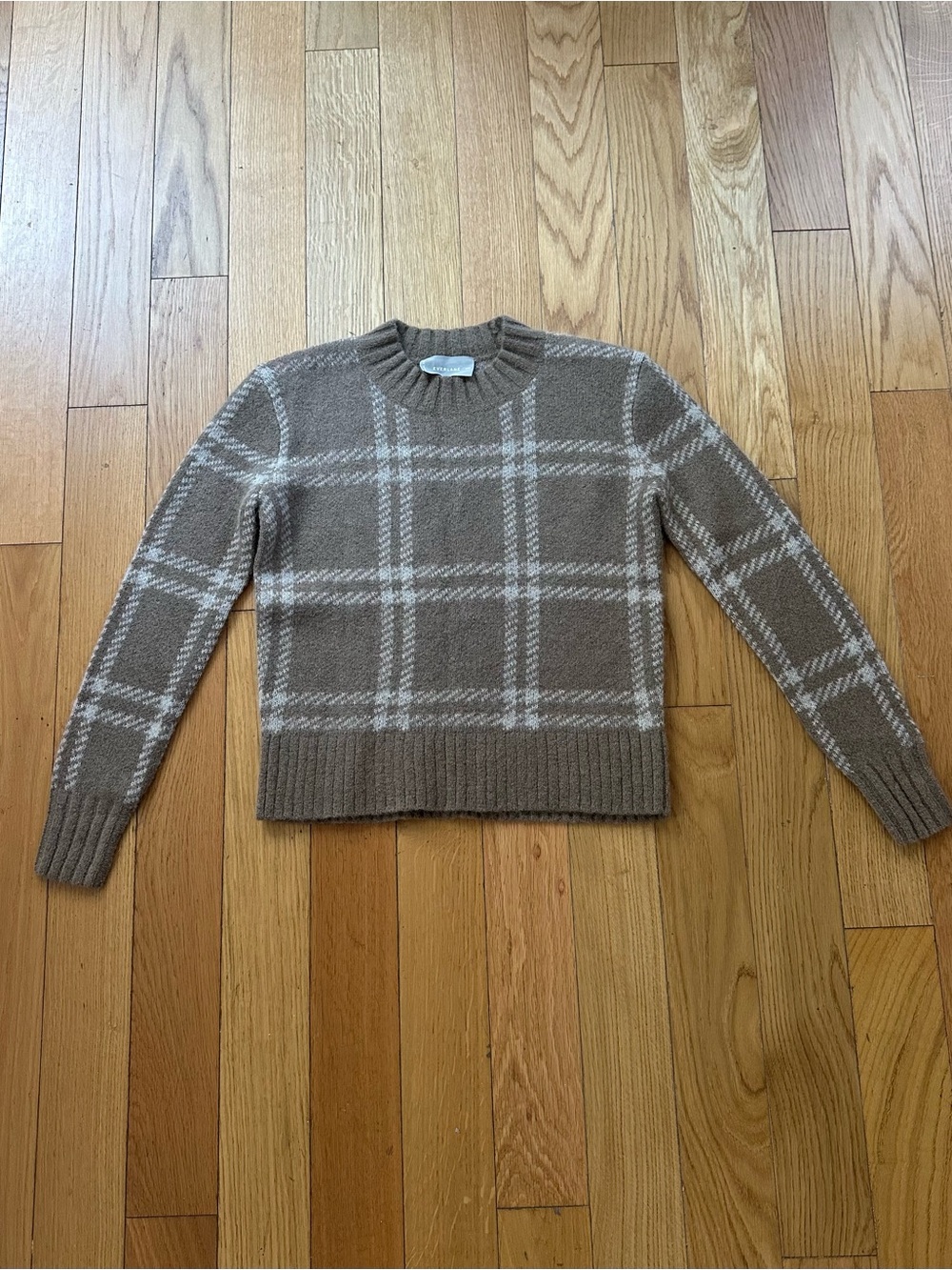 Everlane Alpaca Crewneck Sweater Taupe Plaid 60% Alpaca Wool